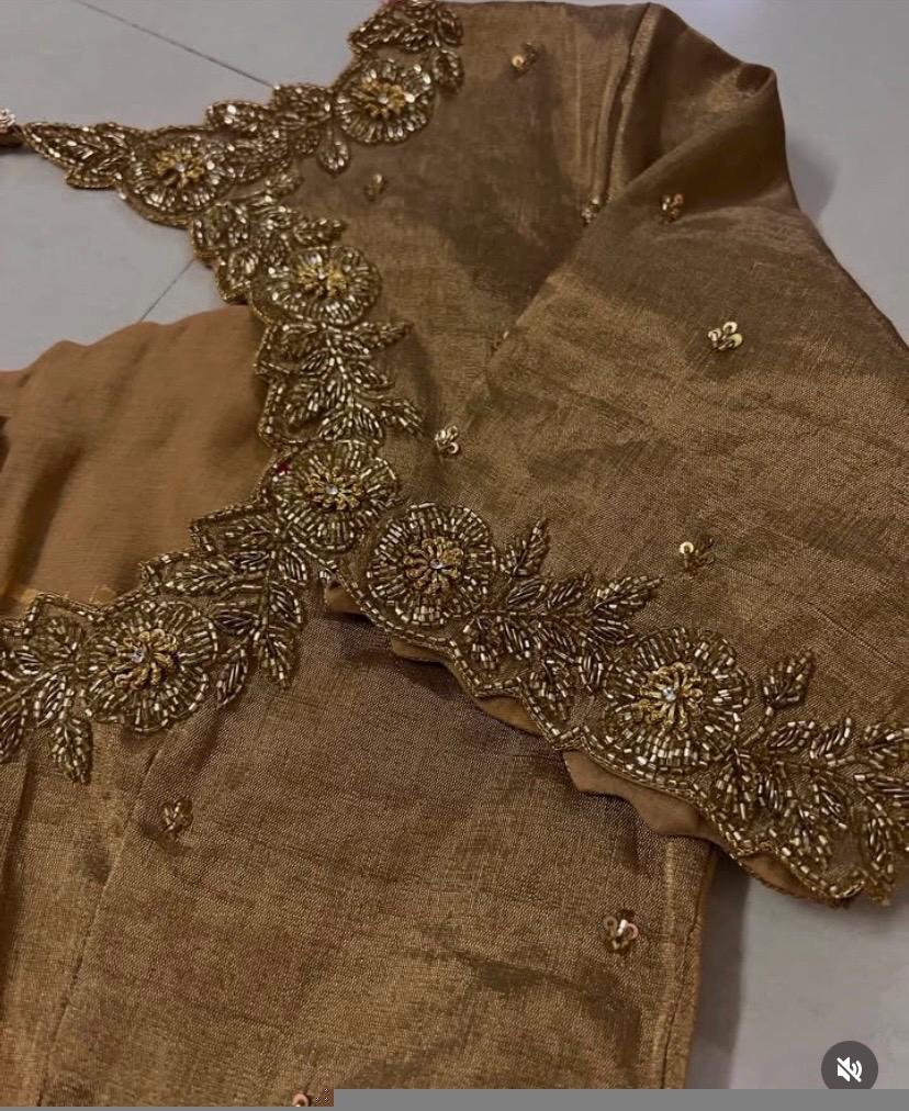 pure silk gold hand work blouse /gold stripes maggam blouse /pure tissue silk zardosi blouse / hand embroidered blouse /ready made blouse