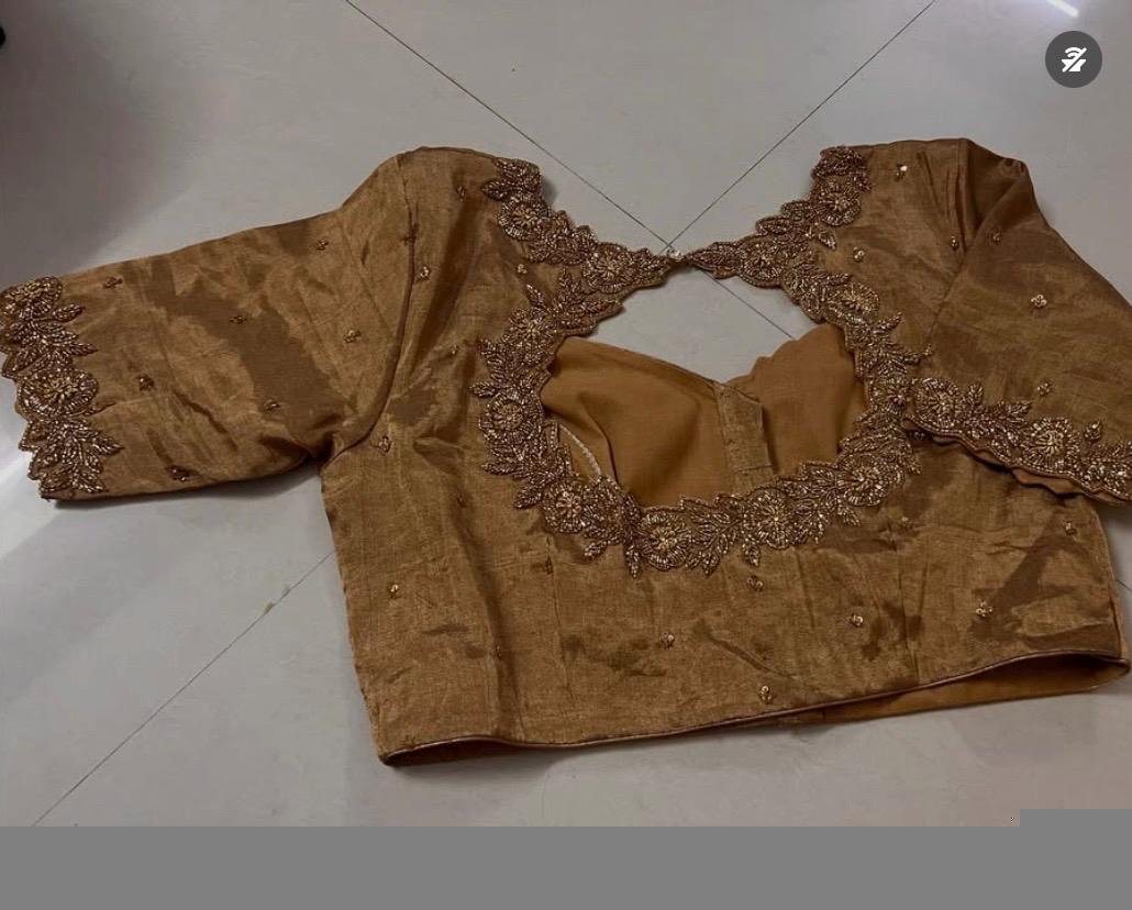 pure silk gold hand work blouse /gold stripes maggam blouse /pure tissue silk zardosi blouse / hand embroidered blouse /ready made blouse