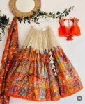 Hand-Painted Kalamkari Lehenga Set: Silk Crop Top, Embroidered Skirt,kalamkari lehenga set,kalamkari dress,orange kalamkari,hand painted