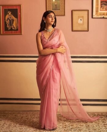pure organza silk saree with hand embroidered blouse/pink saree with handwork blouse|organza saree pure silk cream organza  saree blouse