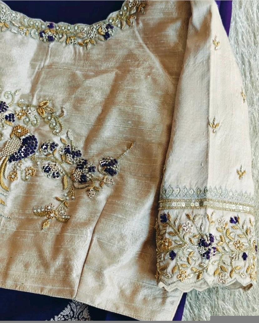 Hand Embroidered Zardosi Blouse: Cream Raw Silk Saree Blouse
