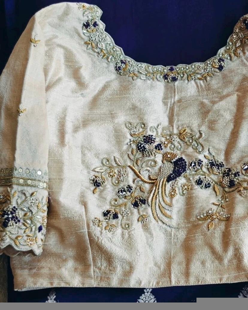 Hand Embroidered Zardosi Blouse: Cream Raw Silk Saree Blouse