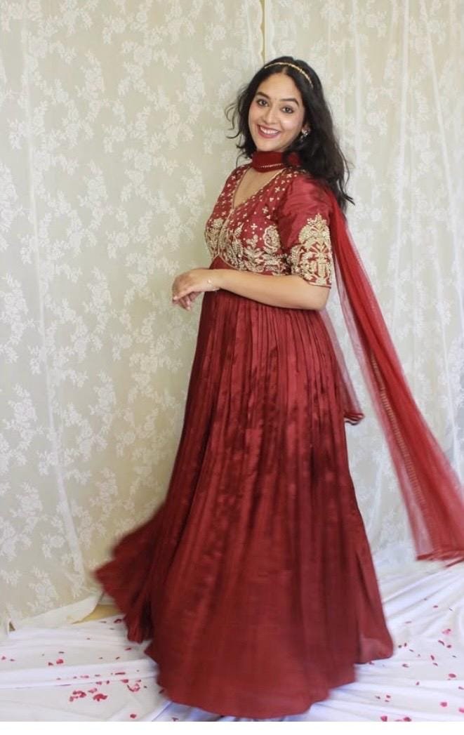 Hand embroidered Anarkali dupatta/anarkali suit set/brown anarkali with dupatta/maroon red kurta with dupatta/burgundy red anarkali dress
