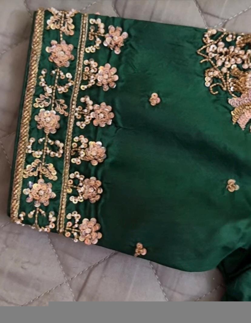 pure silk hand embroidery blouse/saree maggam blouse/green zardosi blouse usa/hand embroidered moderblouse/green ready made blouse zardosi