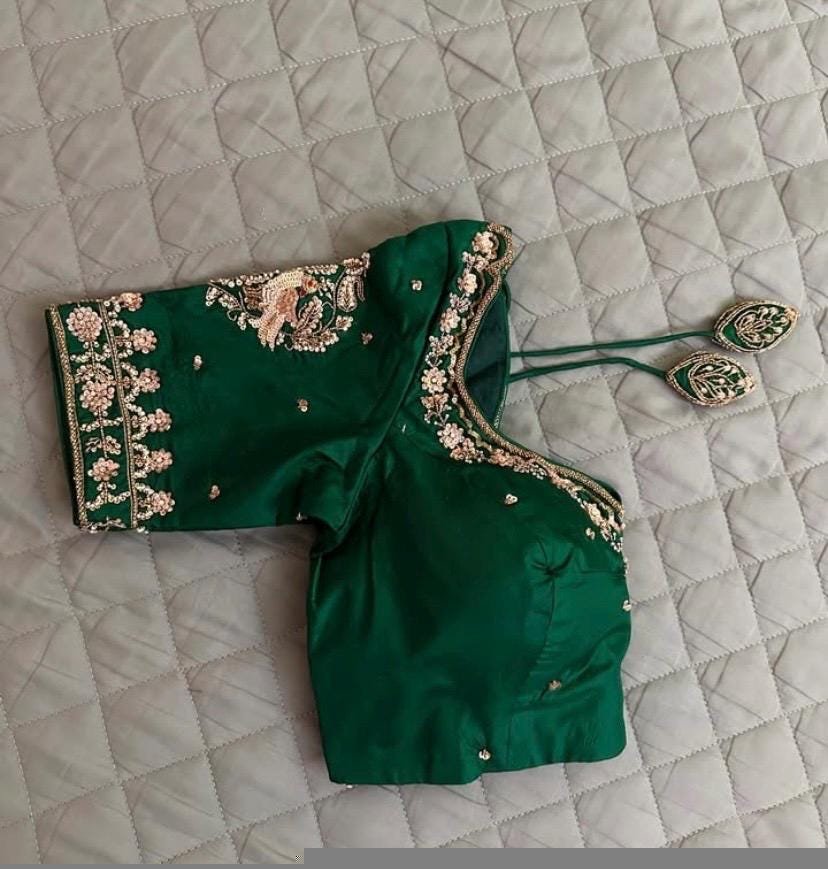 pure silk hand embroidery blouse/saree maggam blouse/green zardosi blouse usa/hand embroidered moderblouse/green ready made blouse zardosi