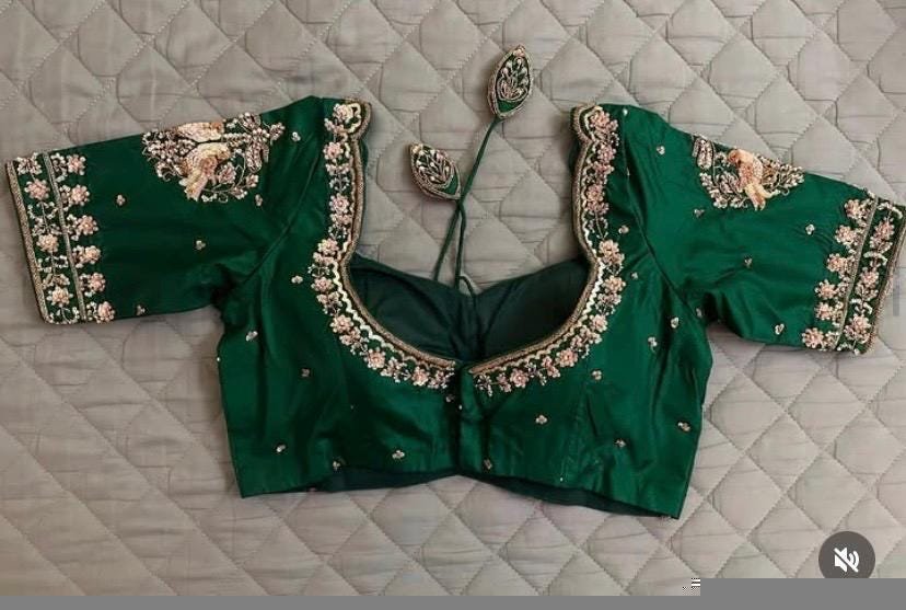 pure silk hand embroidery blouse/saree maggam blouse/green zardosi blouse usa/hand embroidered moderblouse/green ready made blouse zardosi