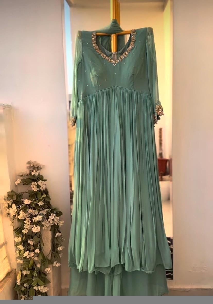 Hand Embroidered Anarkali Suit: Pista Green Georgette Indian Dress