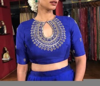 pure silk hand embroidery blouse/saree maggam blouse/blue zardosi blouse/royal blue embroidered moderblouse/blue ready made high neck blouse