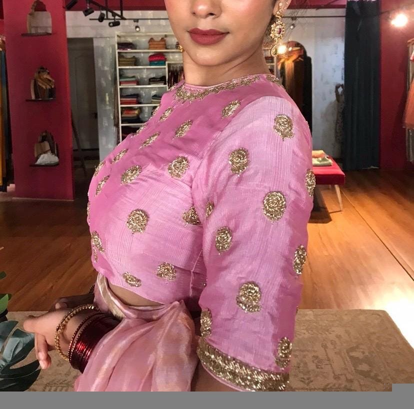 Pure silk hand embroidery blouse/saree maggam light pink blouse/pink saree blouse/hand embroidered blouse/pink ready made blouse zardosi usa