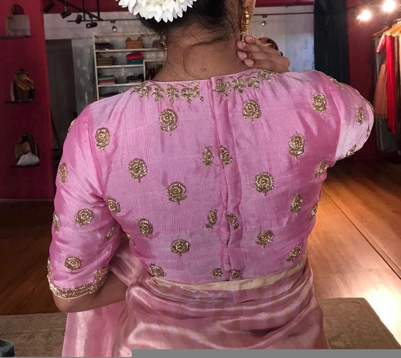 Pure silk hand embroidery blouse/saree maggam light pink blouse/pink saree blouse/hand embroidered blouse/pink ready made blouse zardosi usa