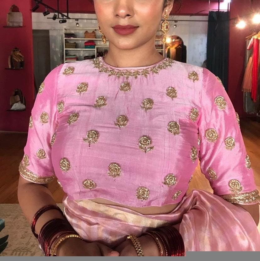 Pure silk hand embroidery blouse/saree maggam light pink blouse/pink saree blouse/hand embroidered blouse/pink ready made blouse zardosi usa