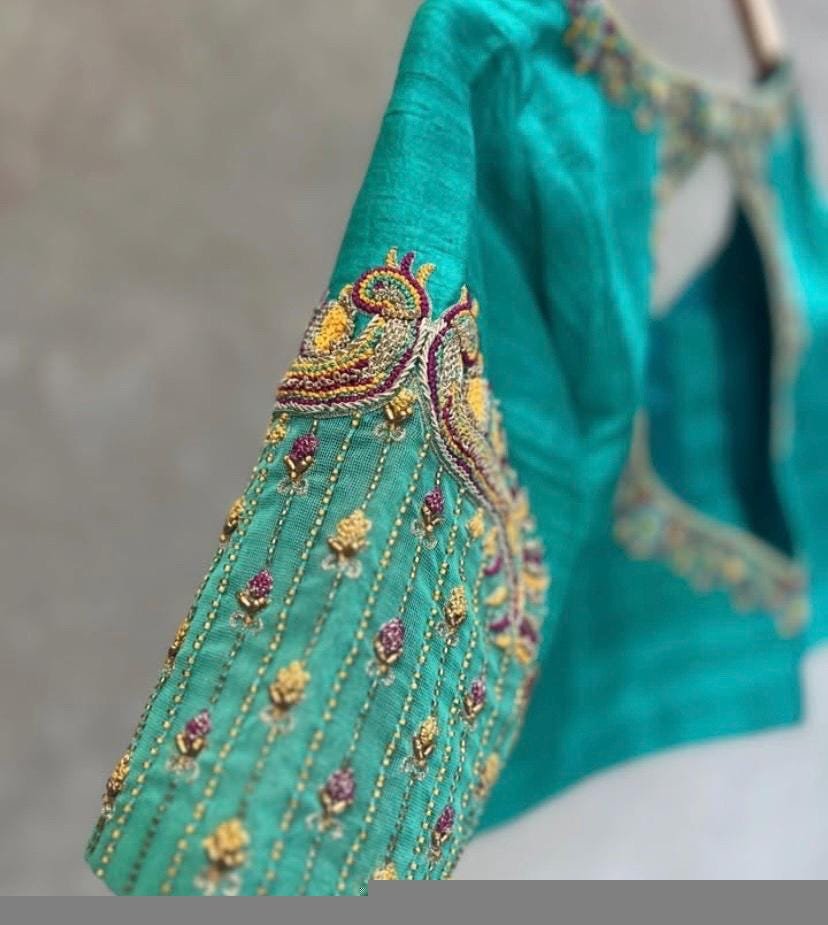 Hand Embroidered Silk Saree Blouse: Turquoise Blue Zardosi Maggam