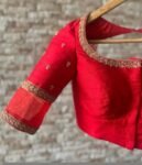Hand Embroidered Red Silk Saree Blouse: Zardosi Maggam Work