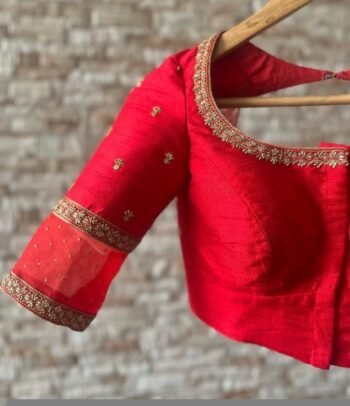 Hand Embroidered Red Silk Saree Blouse: Zardosi Maggam Work
