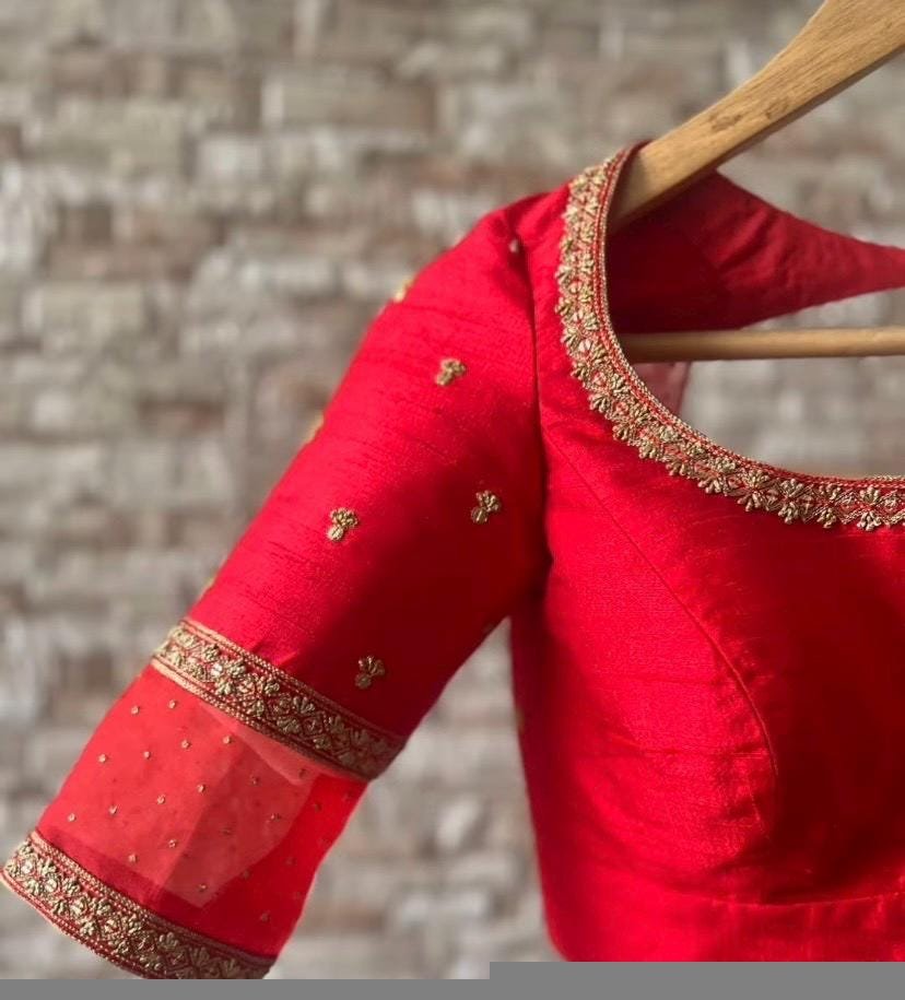 Hand Embroidered Red Silk Saree Blouse: Zardosi Maggam Work