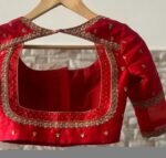 Hand Embroidered Red Silk Saree Blouse: Zardosi Maggam Work