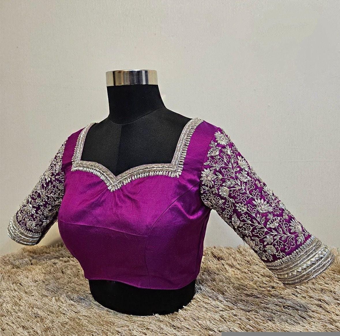 pure silk hand embroidery blouse/magenta pink maggam blouse/purple zardosi blouse/wedding hand embroidered blouse/bridal ready made blouse