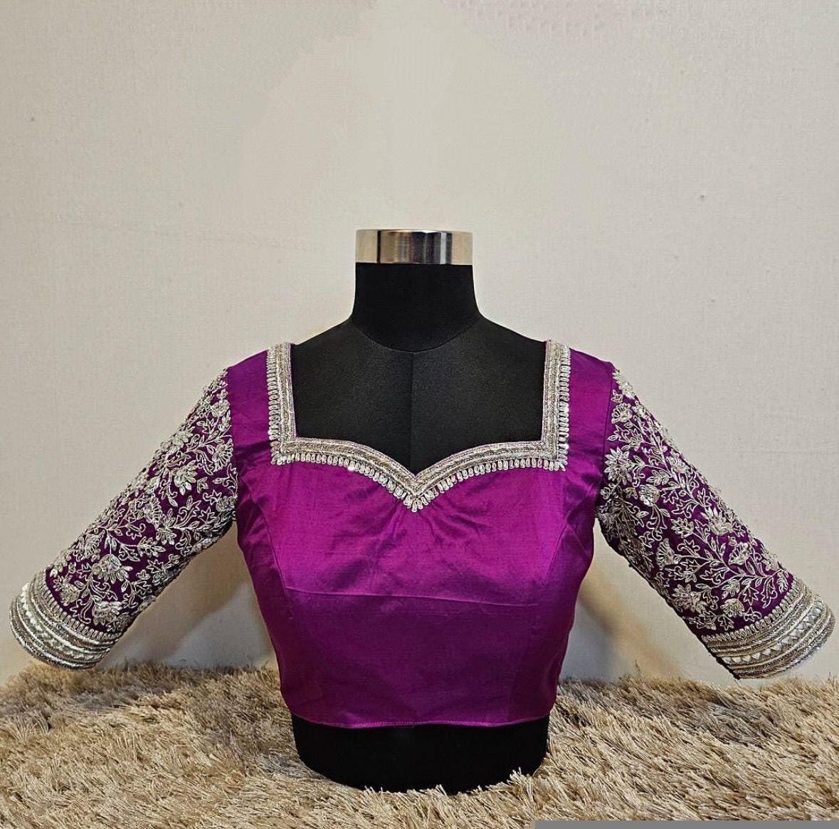 pure silk hand embroidery blouse/magenta pink maggam blouse/purple zardosi blouse/wedding hand embroidered blouse/bridal ready made blouse