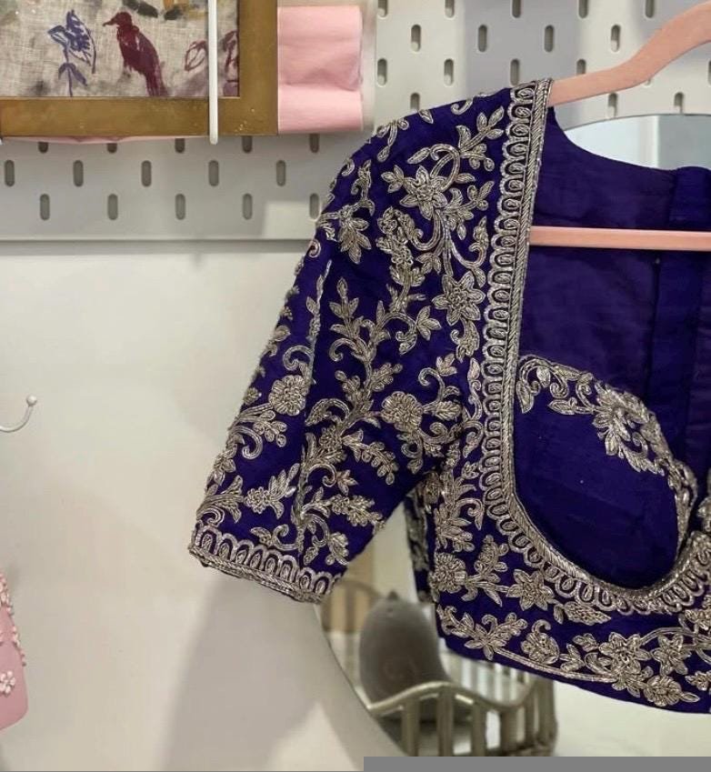 pure silk hand embroidery blouse/purple heavy maggam blouse/purple zardosi blouse/wedding hand embroidered blouse/bridal ready made blouse