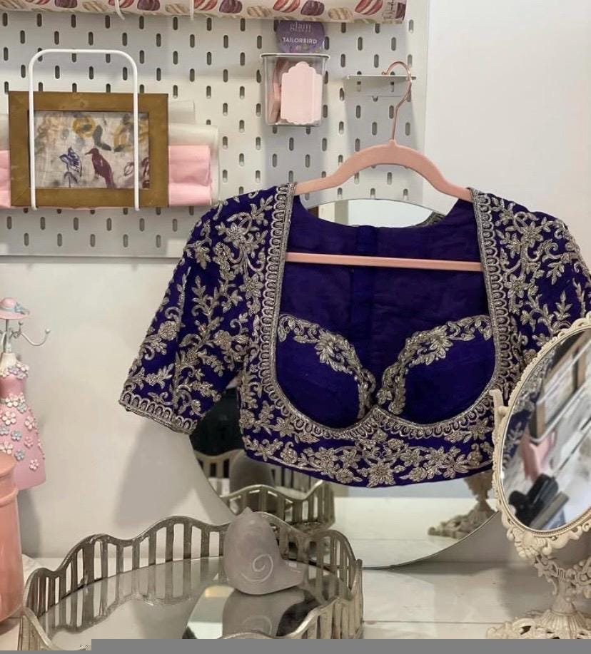 pure silk hand embroidery blouse/purple heavy maggam blouse/purple zardosi blouse/wedding hand embroidered blouse/bridal ready made blouse