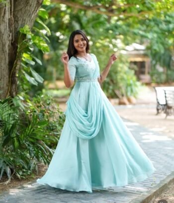 Draped Maxi dress usa/blue layered maxi dress/ Draped saree dress with hand  embroidery belt /pre draped saree gown /saree dress with  belt