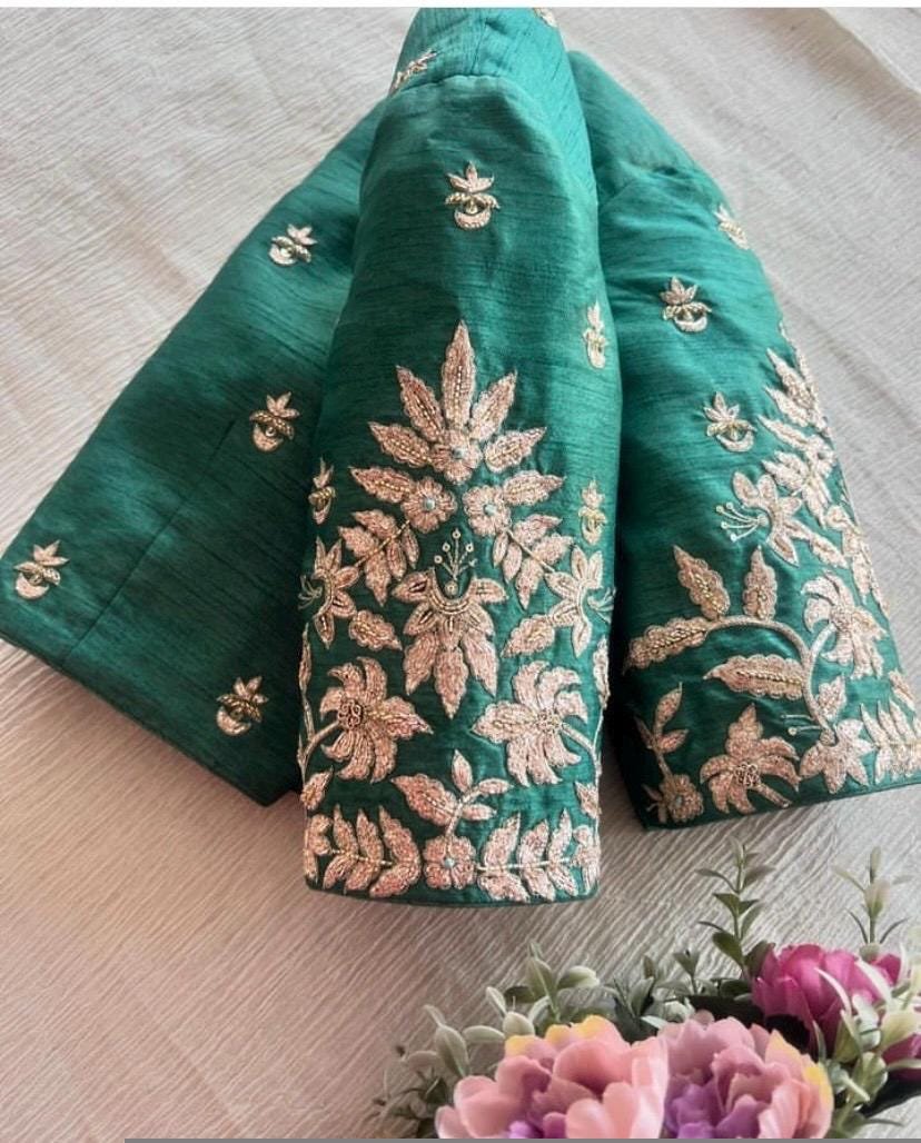 pure silk hand embroidery blouse/saree maggam blouse/green zardosi blouse usa/hand embroidered moderblouse/green ready made blouse zardosi