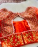 Hand Embroidered Orange Silk Saree Blouse: Zardosi Maggam Work
