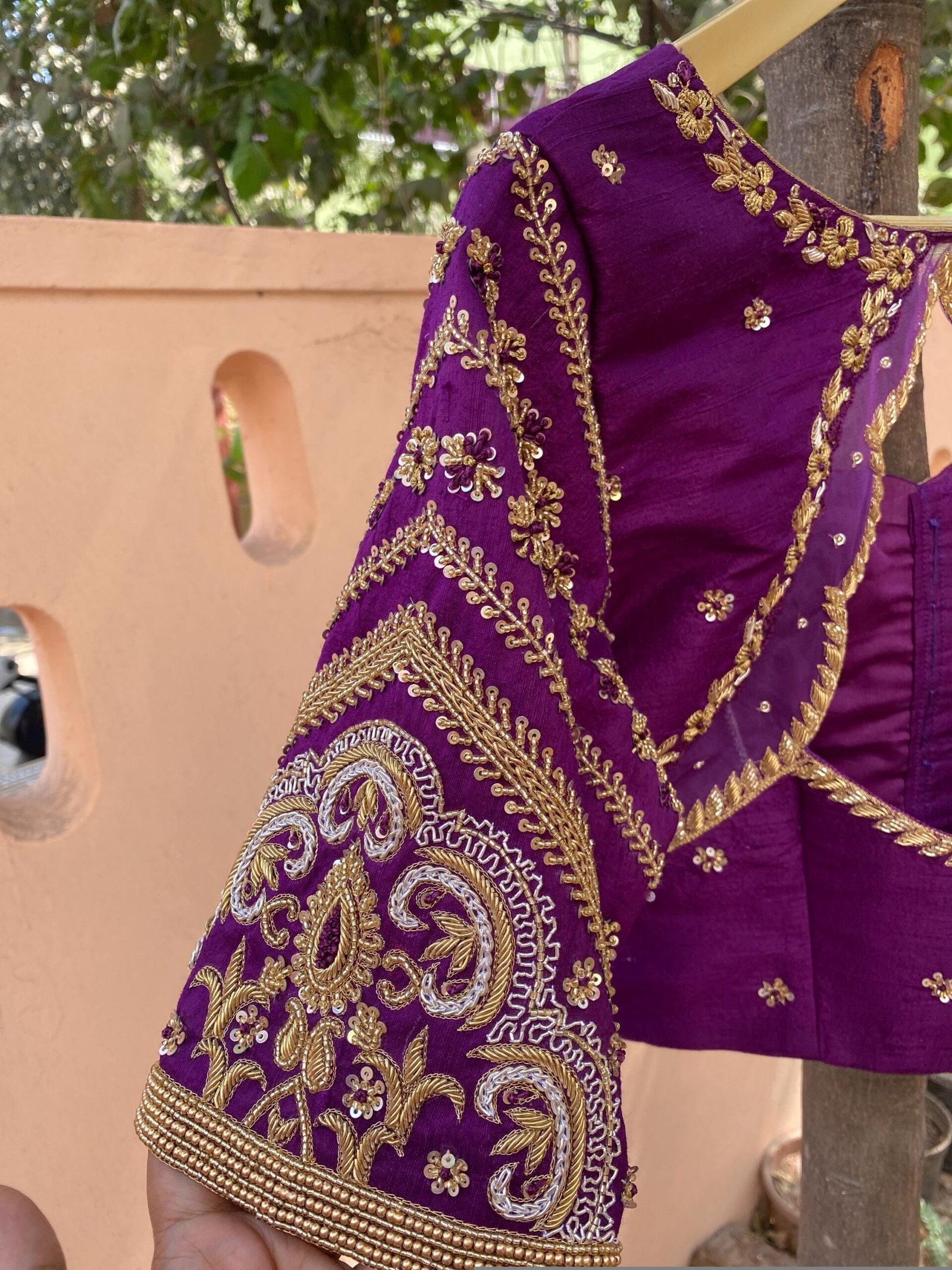 pure silk hand embroidery blouse/modern saree maggam blouse/purple zardosi blouse/wedding hand embroidered blouse/bridal ready made blouse