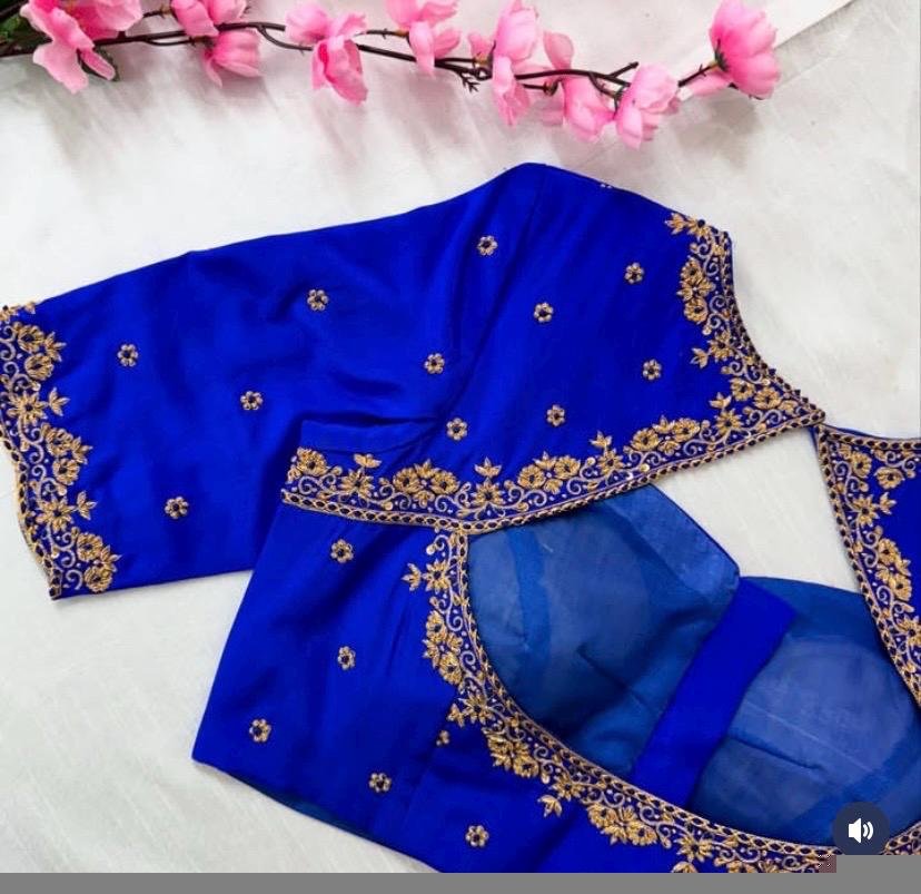 pure silk hand embroidery blouse/blue maggam blouse /raw silk zardosi blouse/blue hand embroidered blouse/designer readymade handwork blouse