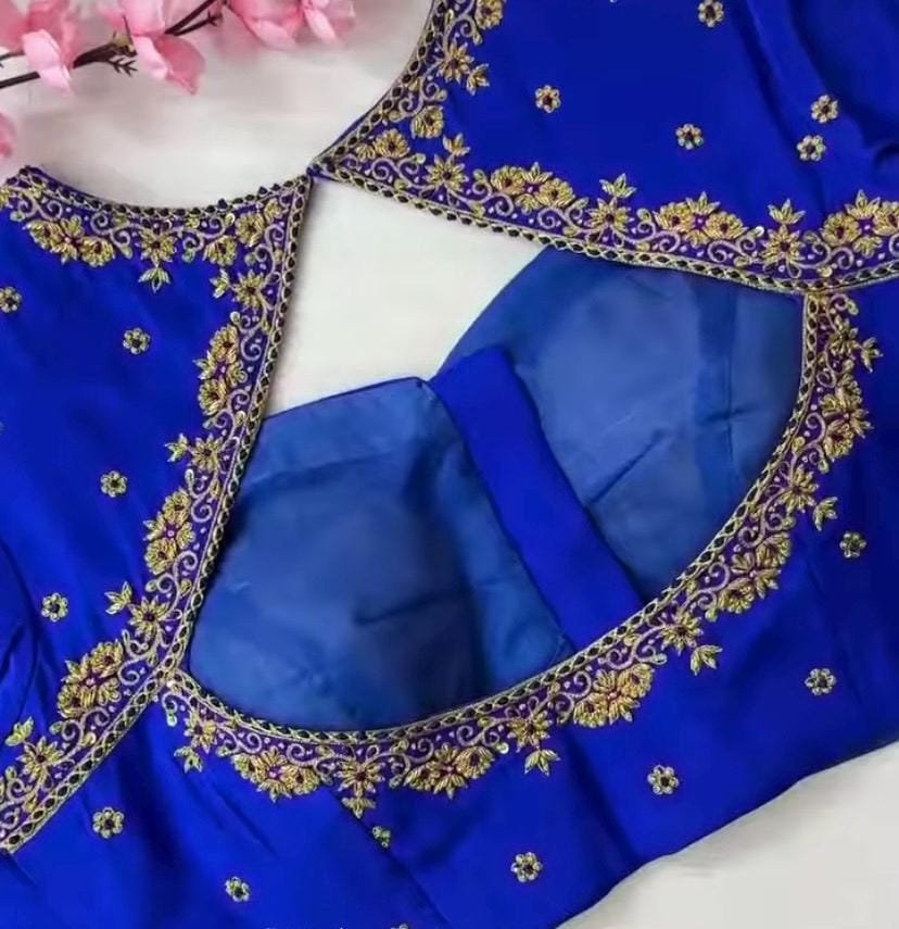 pure silk hand embroidery blouse/blue maggam blouse /raw silk zardosi blouse/blue hand embroidered blouse/designer readymade handwork blouse