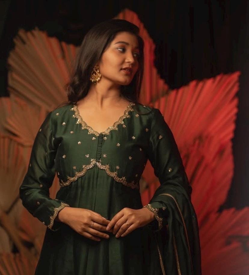 Hand embroidered green Anarkali/festive anarkali suit with dupatta/ green designer anarkali gown USA/green anarkali/Zardosi hand work dress