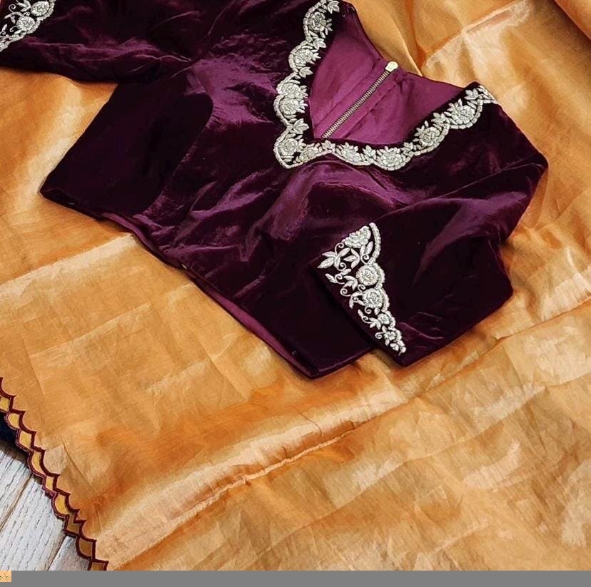pure velvet hand embroidery blouse/v neck maggam blouse/red zardosi blouse/velvet hand embroidered blouse/purple velvet ready made blouse