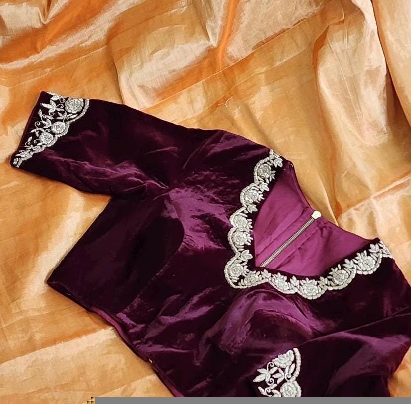 pure velvet hand embroidery blouse/v neck maggam blouse/red zardosi blouse/velvet hand embroidered blouse/purple velvet ready made blouse