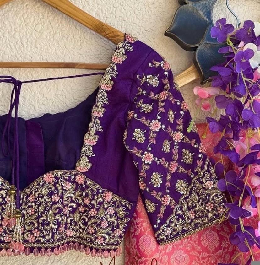 Purple Silk Saree Blouse: Hand Embroidered Zardosi Bridal Top