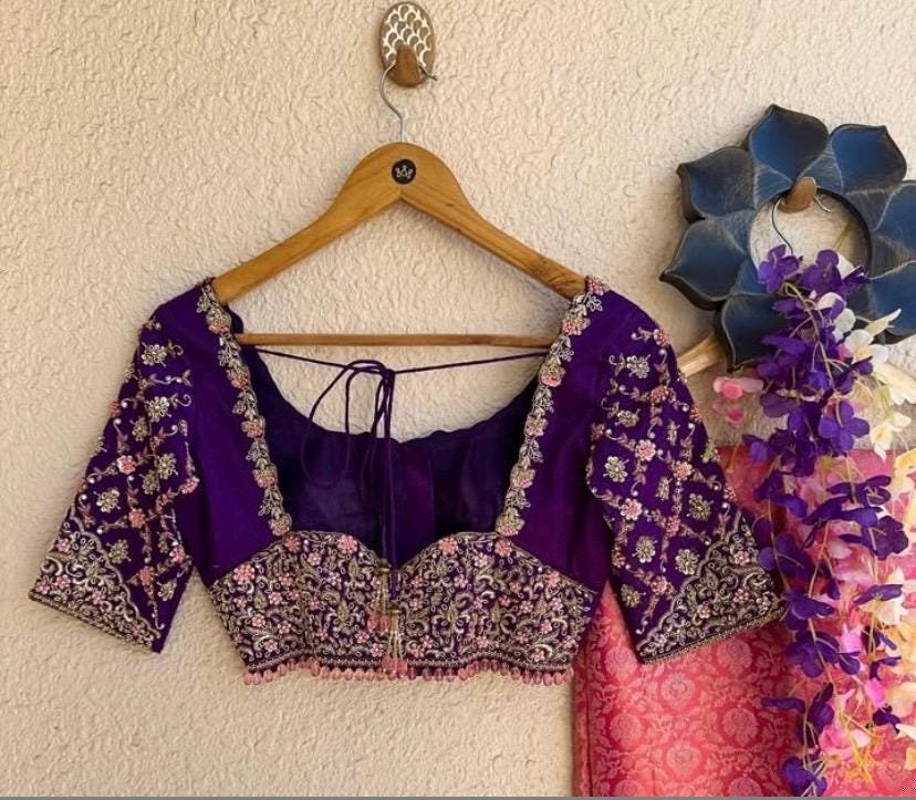 Purple Silk Saree Blouse: Hand Embroidered Zardosi Bridal Top