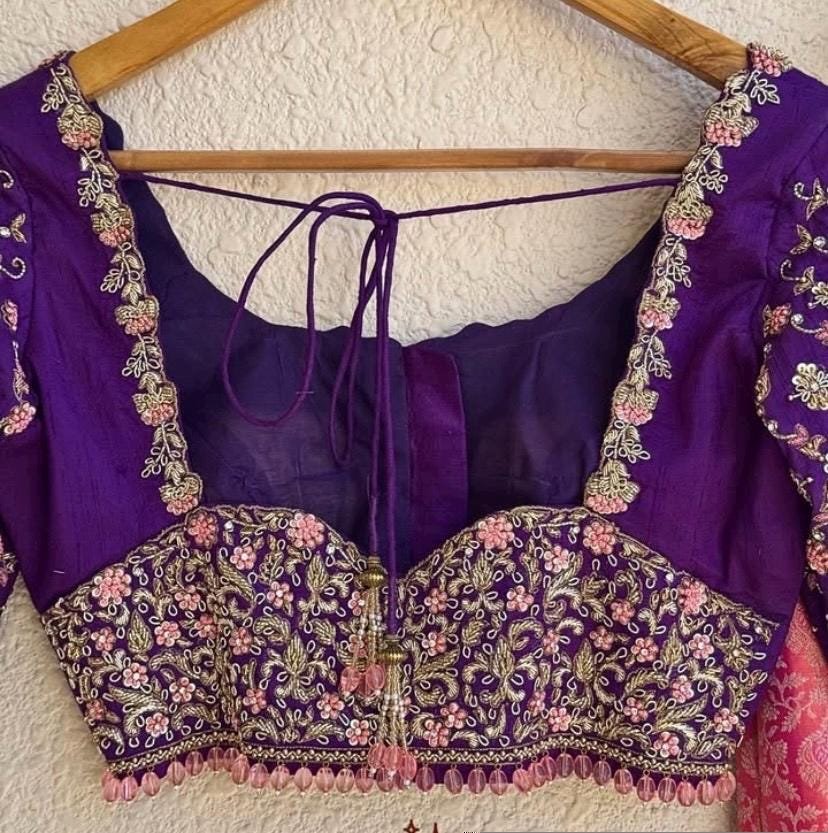 Purple Silk Saree Blouse: Hand Embroidered Zardosi Bridal Top
