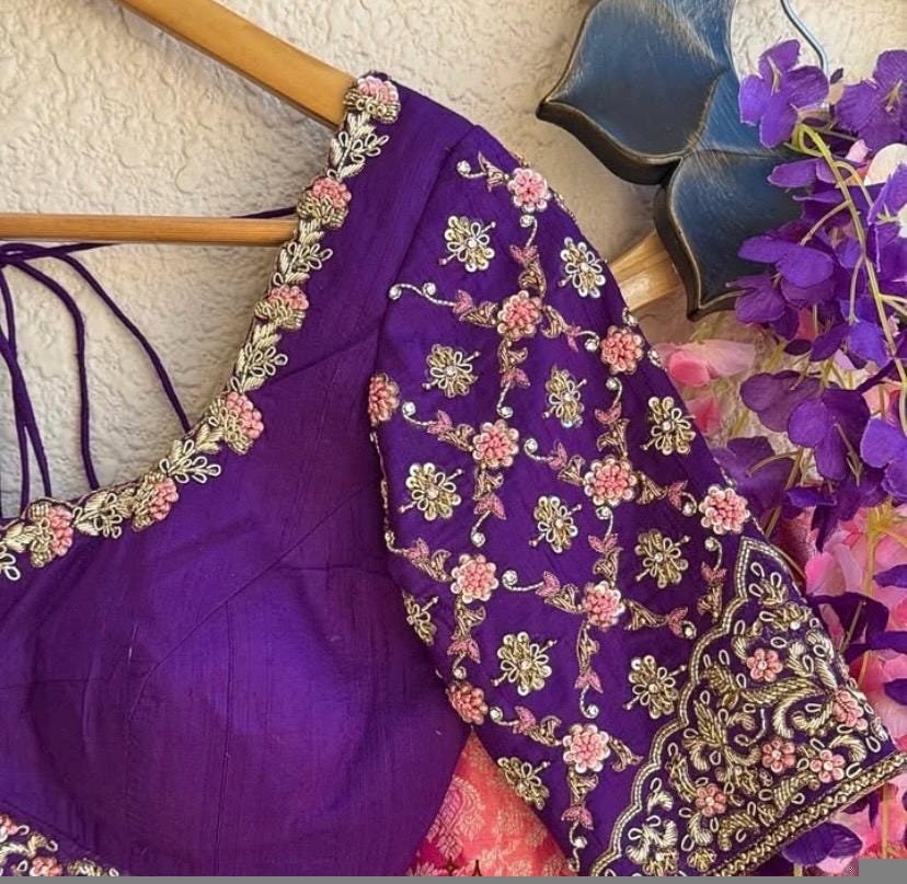 Purple Silk Saree Blouse: Hand Embroidered Zardosi Bridal Top
