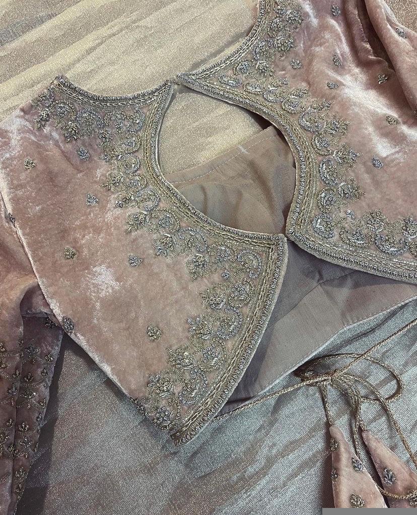 Blush Pink Velvet Saree Blouse: Hand Embroidered Zardosi Maggam Work,pure velvet blouse,blush velvet blouse,handwork blouse,Pastel velvet us
