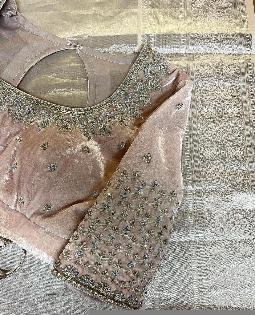 Blush Pink Velvet Saree Blouse: Hand Embroidered Zardosi Maggam Work,pure velvet blouse,blush velvet blouse,handwork blouse,Pastel velvet us