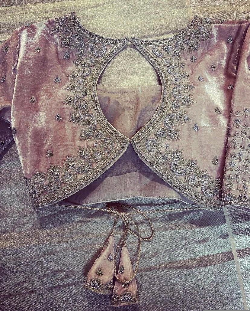 Blush Pink Velvet Saree Blouse: Hand Embroidered Zardosi Maggam Work,pure velvet blouse,blush velvet blouse,handwork blouse,Pastel velvet us