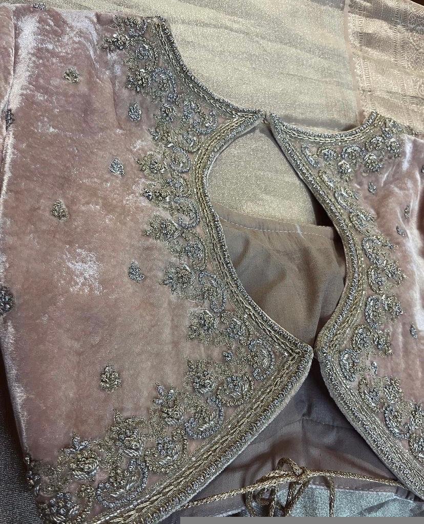 Blush Pink Velvet Saree Blouse: Hand Embroidered Zardosi Maggam Work,pure velvet blouse,blush velvet blouse,handwork blouse,Pastel velvet us
