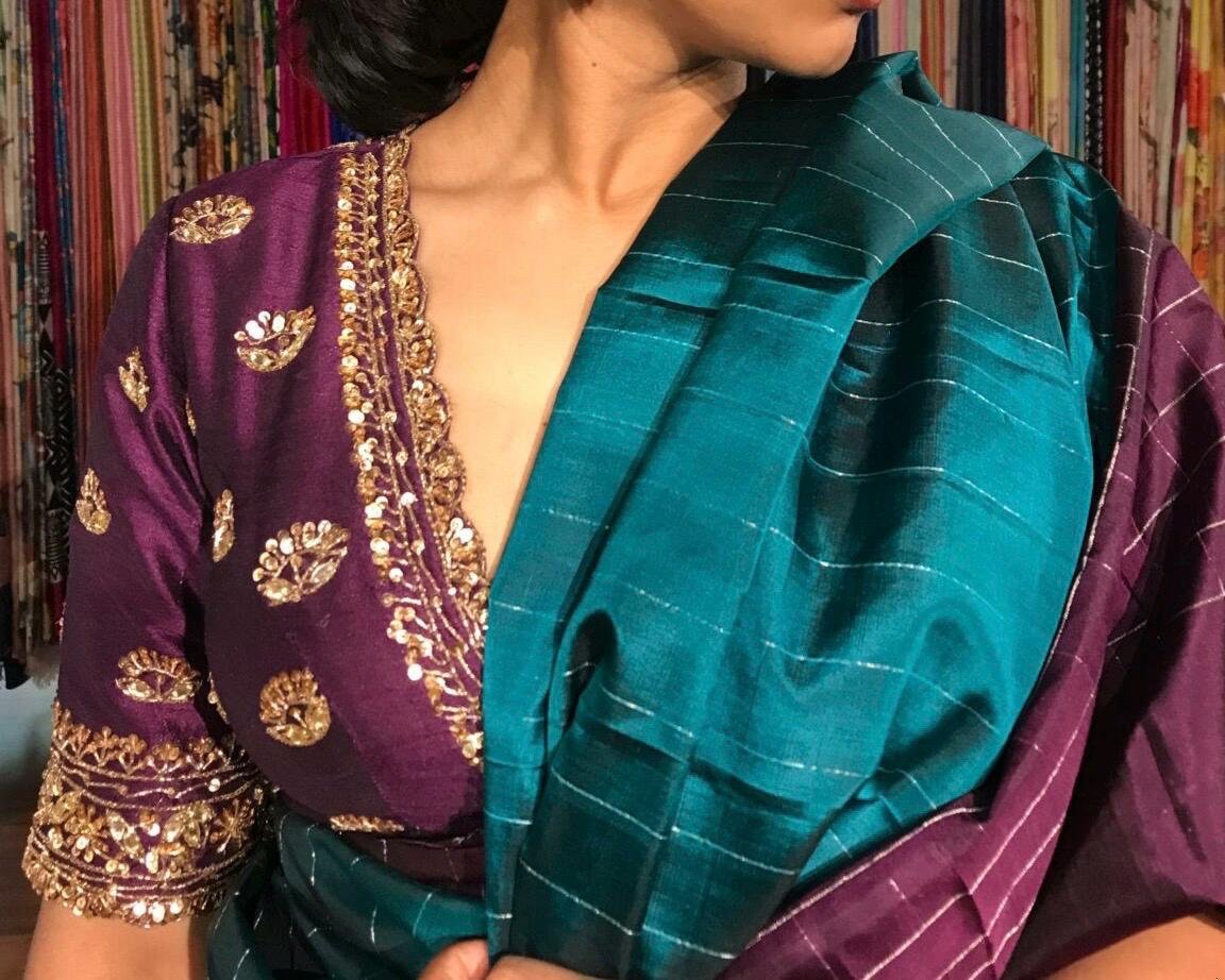 pure silk hand embroidery blouse/saree maggam blouse/dark pink zardosi blouse/hand embroidered blouse/plum color ready made blouse zardosi