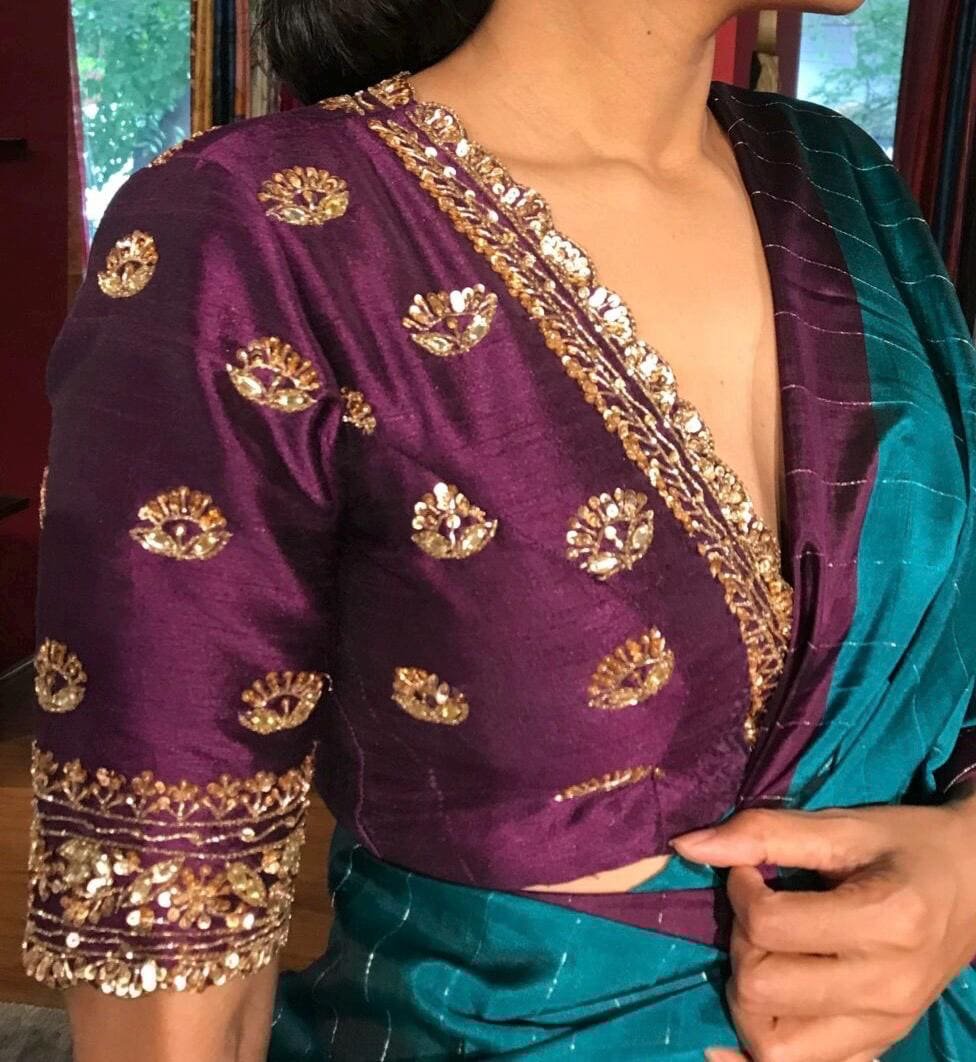 pure silk hand embroidery blouse/saree maggam blouse/dark pink zardosi blouse/hand embroidered blouse/plum color ready made blouse zardosi