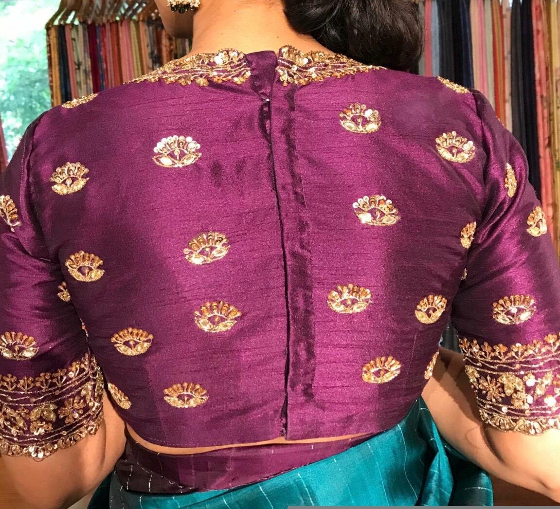 pure silk hand embroidery blouse/saree maggam blouse/dark pink zardosi blouse/hand embroidered blouse/plum color ready made blouse zardosi