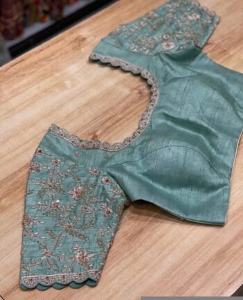 pure silk hand embroidery blouse /maggam blouse/blue raw silk zardosi blouse/hand embroidered blouse/ice blue elbow sleeve ready made blouse