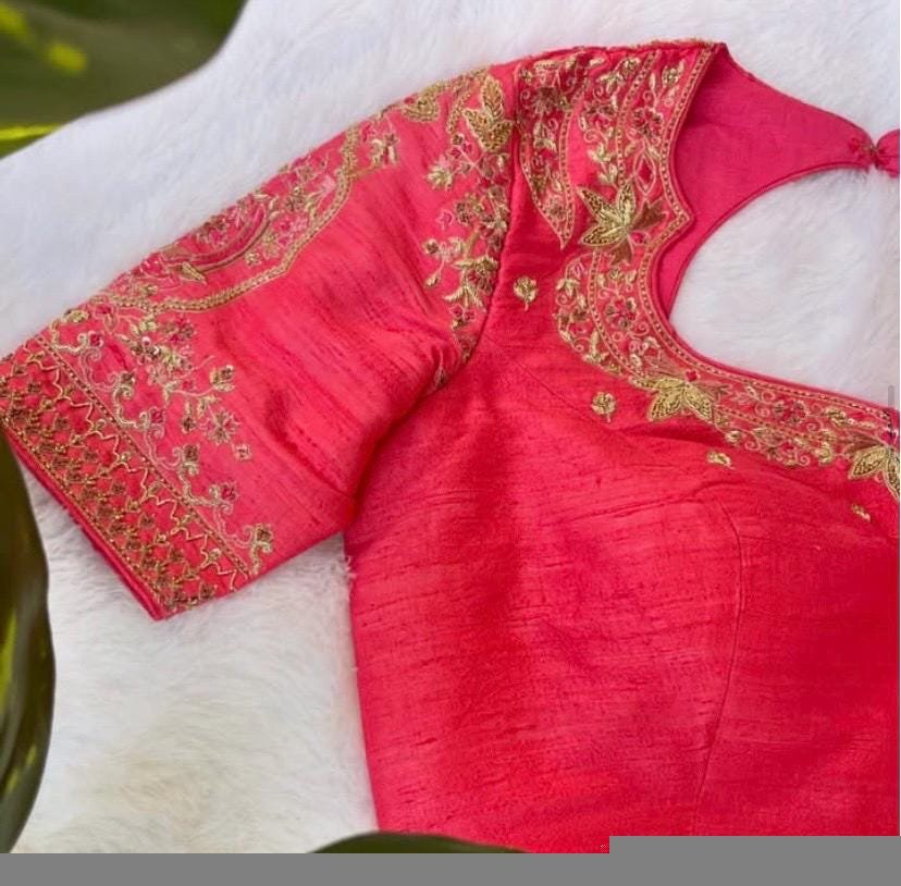 pure silk hand embroidery blouse/reddish pink maggam blouse /raw silk zardosi blouse/hand embroidered blouse /red ready made blouse zardosi