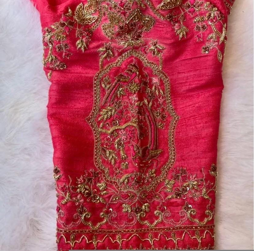 pure silk hand embroidery blouse/reddish pink maggam blouse /raw silk zardosi blouse/hand embroidered blouse /red ready made blouse zardosi