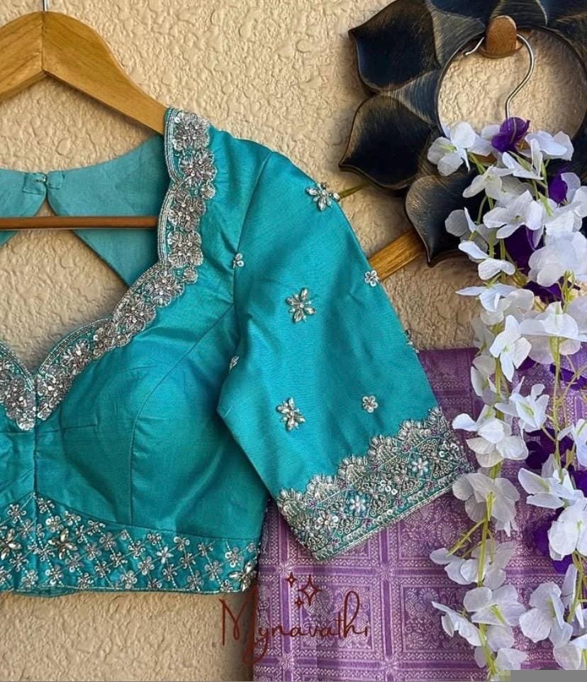 pure silk hand embroidery blouse/saree maggam blouse/blue zardosi blouse/turquoise blue embroidered blouse/blue ready made blouse zardosi