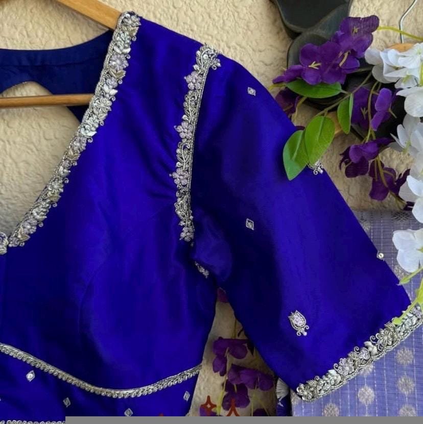 Navy blue silk hand embroidery blouse/blue saree maggam work blouse/blue saree blouse/hand embroidered blouse/blue ready made blouse zardosi