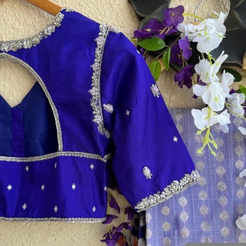 Navy blue silk hand embroidery blouse/blue saree maggam work blouse/blue saree blouse/hand embroidered blouse/blue ready made blouse zardosi